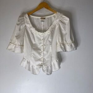 Vintage Gunnies White Button Down Fitted Top Embroidered‎ Floral Trim Size 9